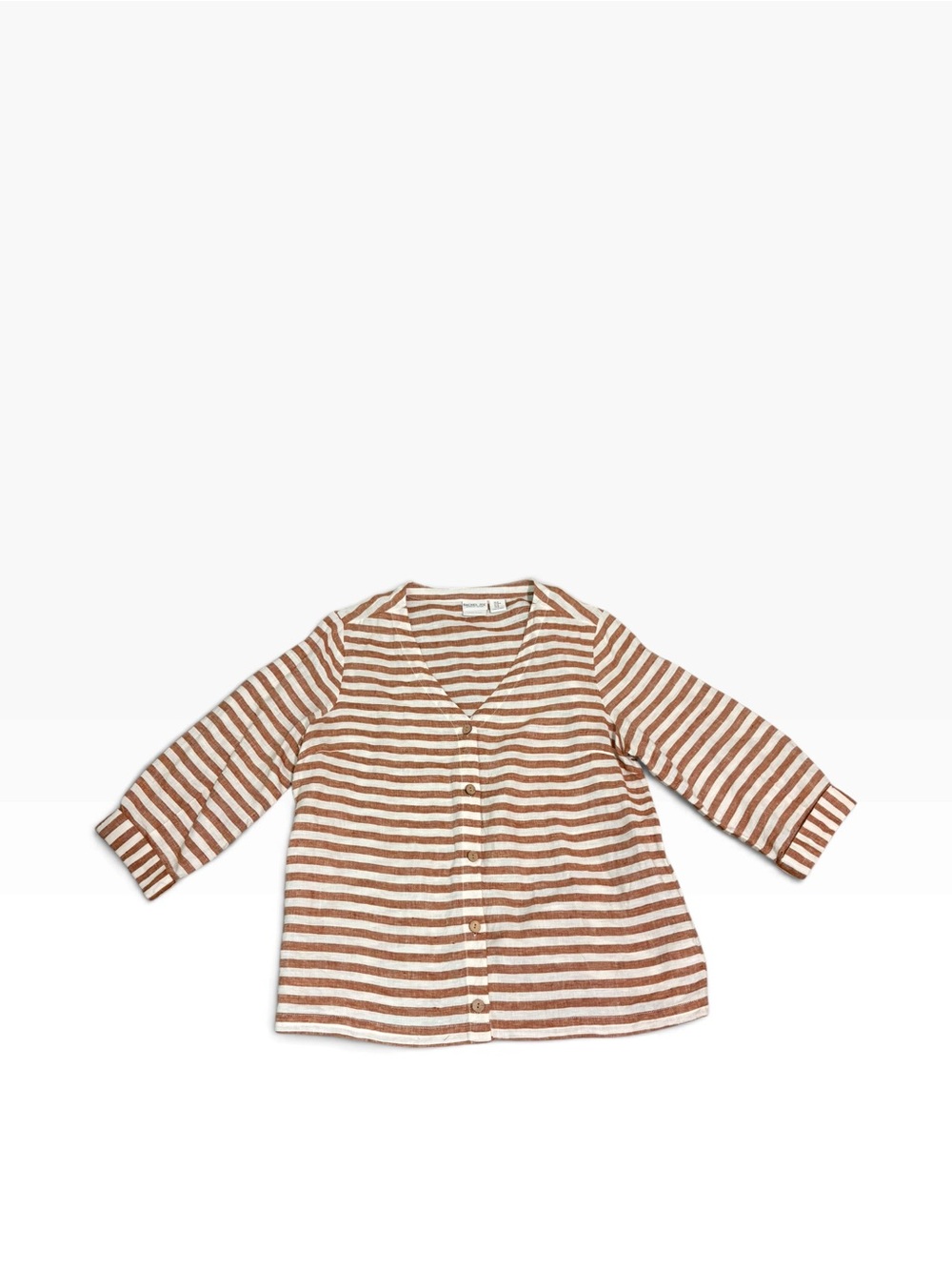 Rachel Zoe | Linen Brown & Cream Striped Button-Front Blouse | Size Medium